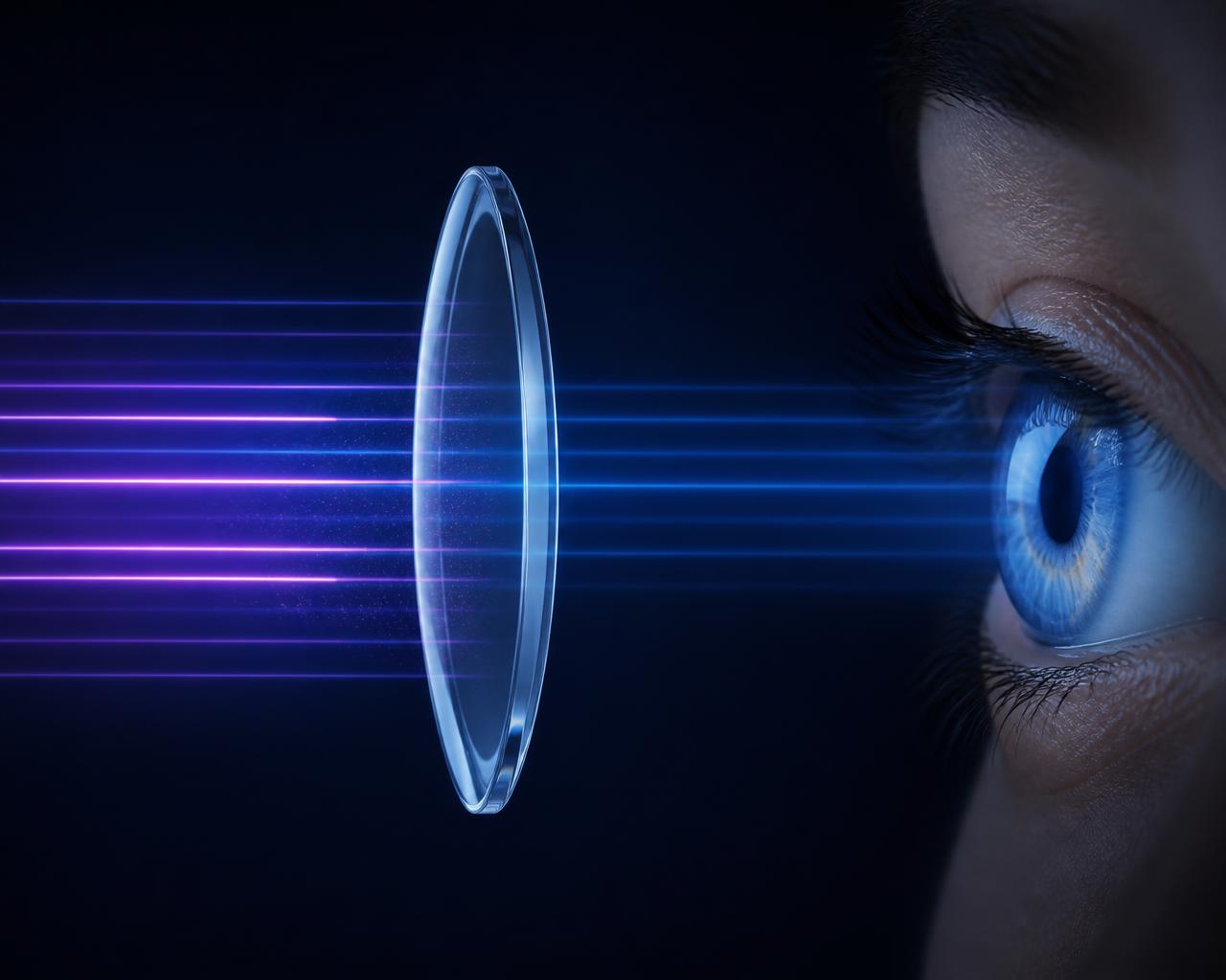 Esquema de luz azul-violeta sendo filtrada por uma lente antes de chegar ao olho