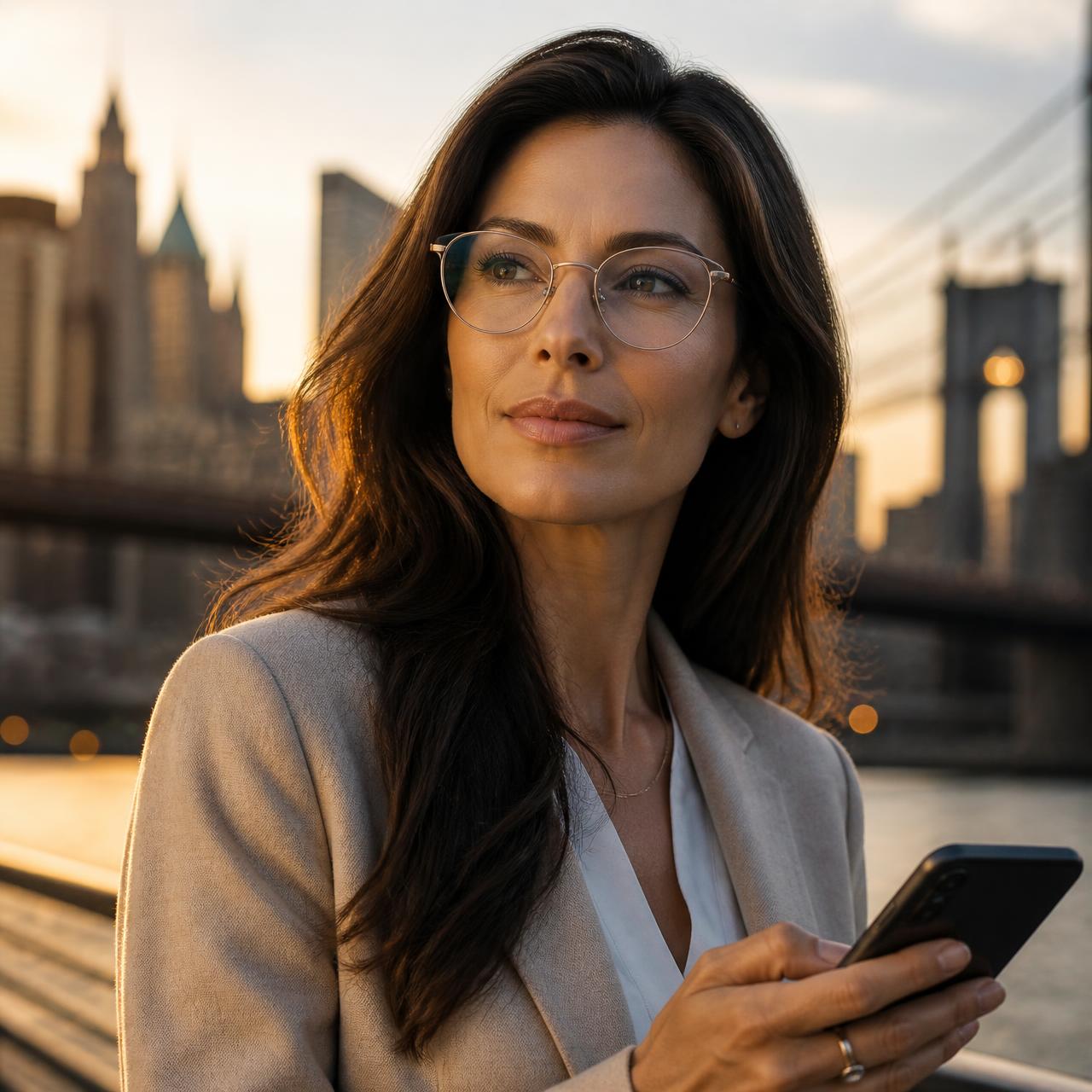 Mulher usando lentes progressivas Varilux, cidade ao fundo