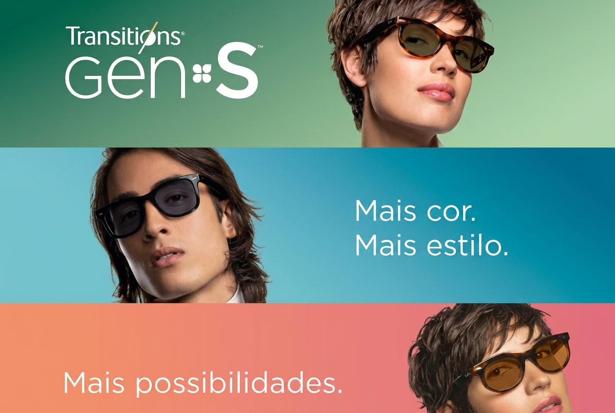 Campanha Transitions Gen S com modelo usando lente fotossensível colorida